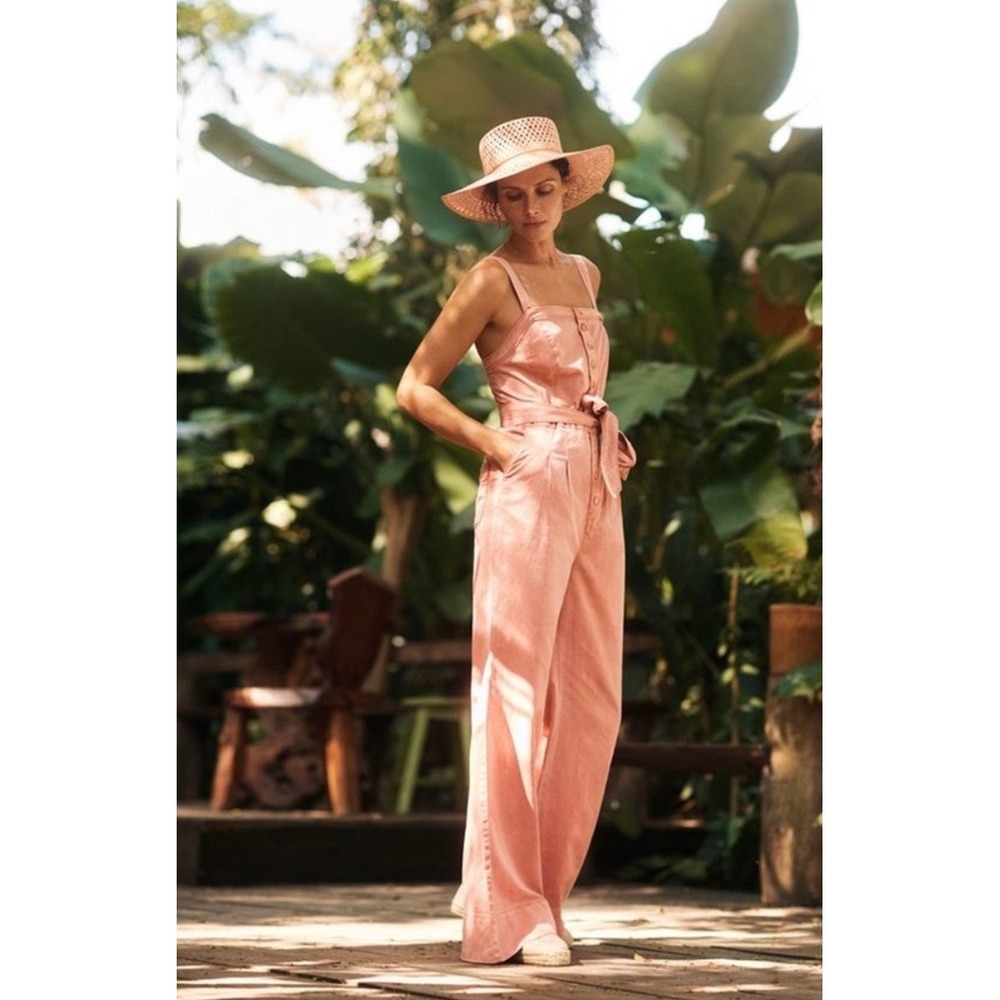 Anthropologie Pilcro Pink Cotton Linen Wide Leg Jumpsuit US 12 Button Front Belt - Picture 6 of 8